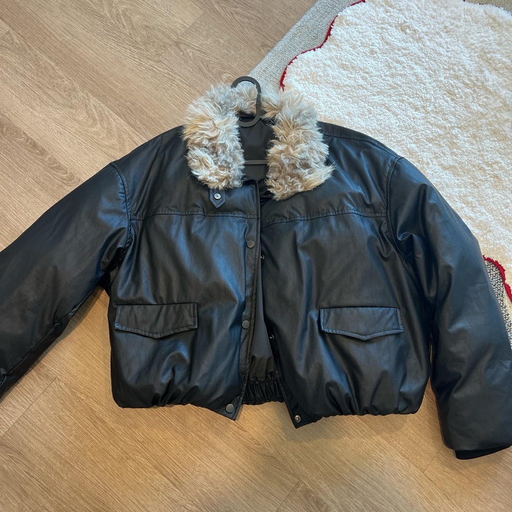 Black Faux Leather Jacket with Fur Collar